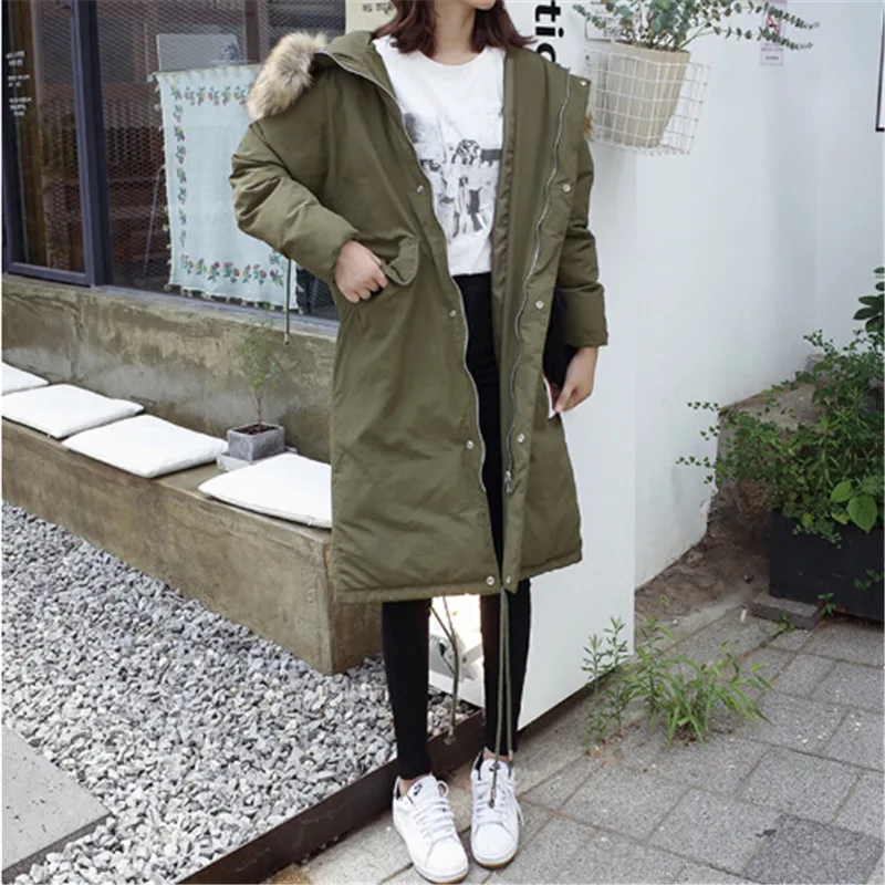 AILOOGE New Fashion Winter Jacket Women Parka Basic Faux Fur Hood Loose Oversize Army Green White Long Coat High Quality | Мужская