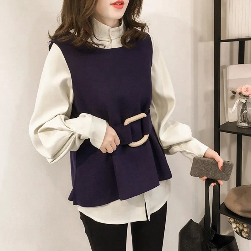 Plus Size New Women Tow Piece Sets Korean Style Sleeveless Vest And Lantern Sleeve Shirt Suits Sashes Casual Loose Outfits | Женская