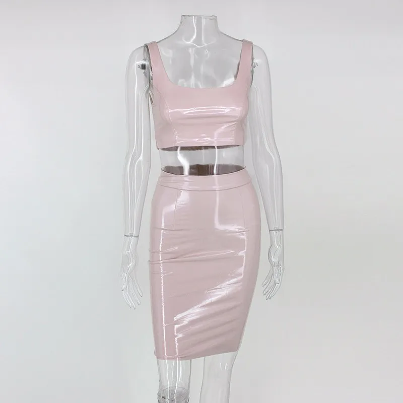 Npink Slaygirl/Дамское Платье из искусственной кожи, Женский комплект, короткий топ на бретелях, юбка, костюм, облегающее платье, лето-осень, вечерние комплекты из двух предметов - Цвет: Npink
