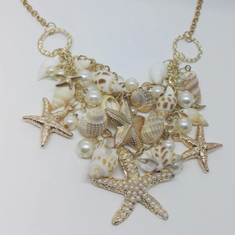 2018 Conch Shell Starfish Simulated pearl Necklace Sweet Fashion Sea Star Plated Multitiered Necklaces &amp Pendants | Украшения и