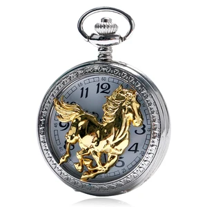 Серебристые кварцевые карманные часы с золотой лошадью в китайском стиле, цепочка в стиле стимпанк для мужчин и женщин, подарки с цепочкой 80 см