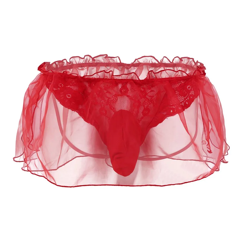 Red Гей мужское нижнее белье Sissy кружева цветок органзы стринги трусики, бикини с выпуклой мешочком jockstrap Homme Sissy трусики - Цвет: Red