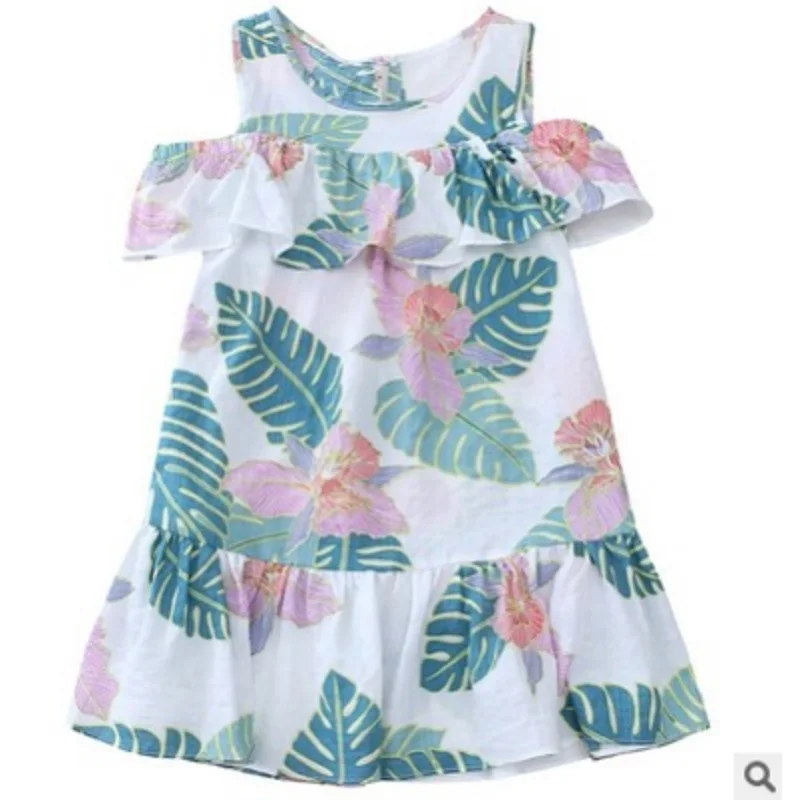 

New 2021 Children's Cute Dress Summer Girls Off-the-Shoulder Sleeve Dress 3 Leaves Print Colors Size4-14 Princess Dress ly219
