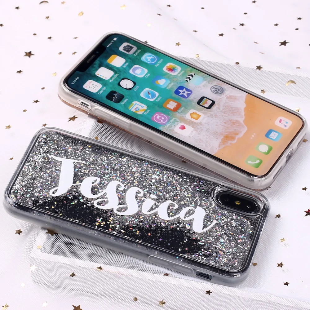 

Personalized Custom Liquid Glitter Sparkle Silver Rose Gold Name Text Phone Case For iPhone 12 XS Max 7 7Plus 8 8Plus X Cover