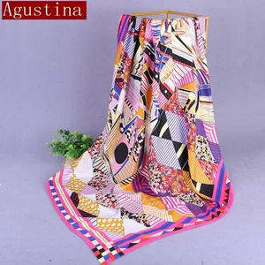 Шелковый Модный женский шарф, роскошный бренд, хиджаб, шелковистая сатиновая шаль в клетку, квадратный платок темно-синего цвета, шарфы, обертывания 140*140 см, Новинка