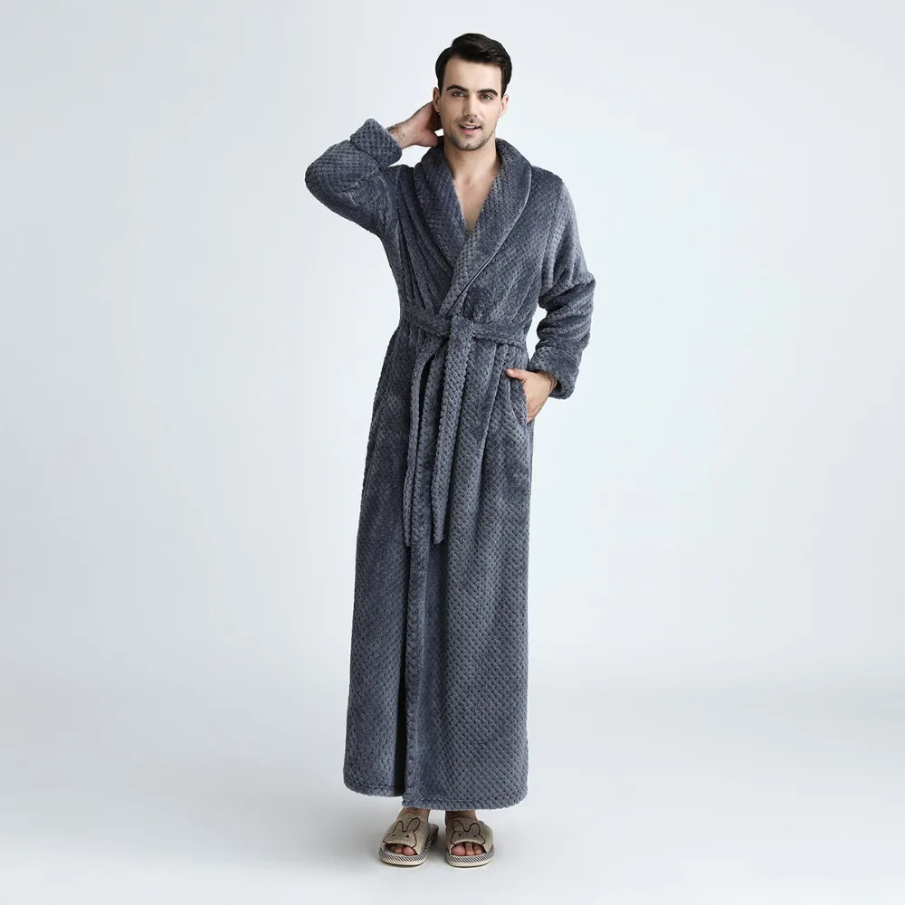 2018 зимние Для мужчин халат длинный парный пикантные Slim Fit коралловые флисовые