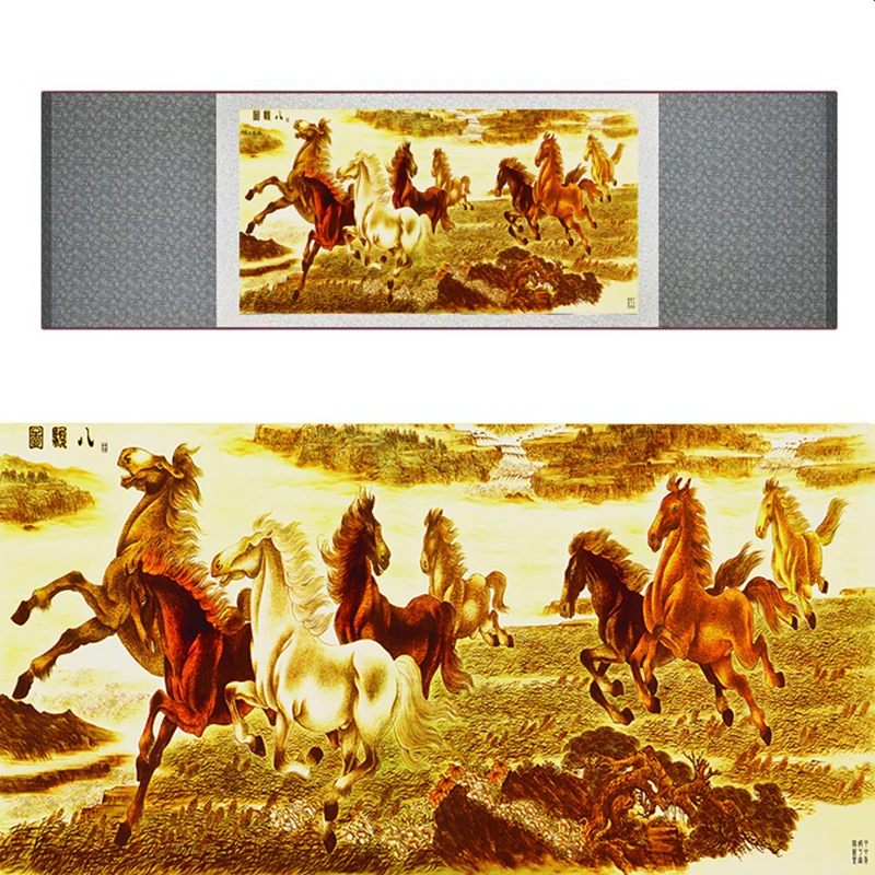 

top quality Chinese Horse silk painting Horse art painting Silk scroll art painting eight horse painting19062708