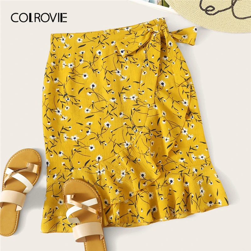 COLROVIE, желтая Цветочная юбка с рюшами и бантом, Женская мини-юбка в стиле бохо, летняя красная одежда для пляжного отдыха, женские юбки