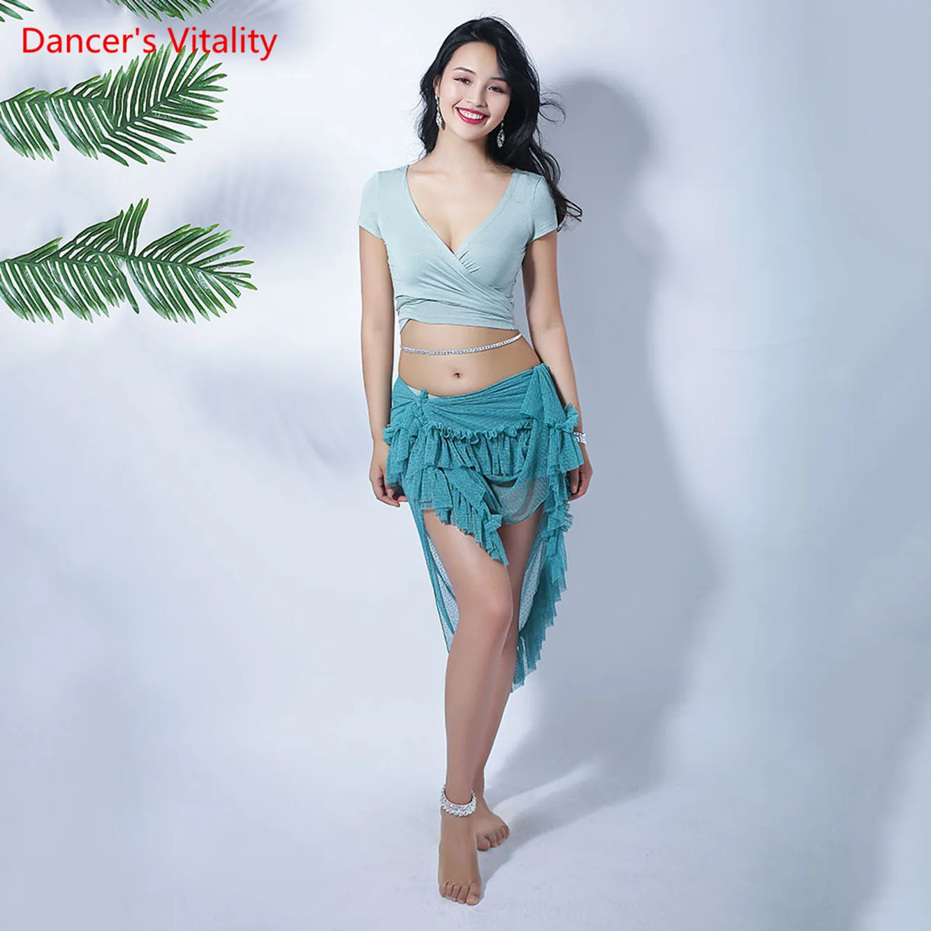 Танец живота с V-образным вырезом Дизайн Дамская ткань womne Dance Костюм с коротким рукавом+ нерегулярная юбка восточного танца