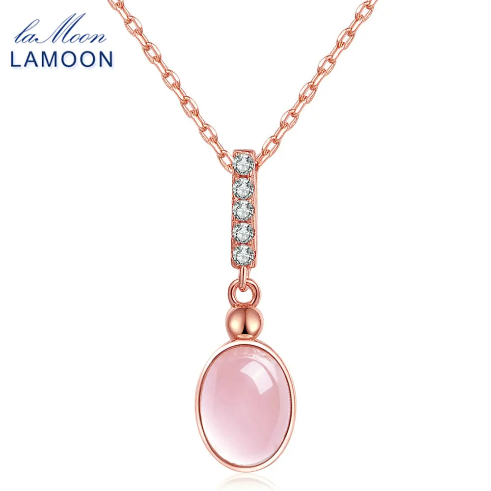 LAMOON 925 пробы Серебряное ожерелье Овальный розовый кварц кулон 18K розовое золото