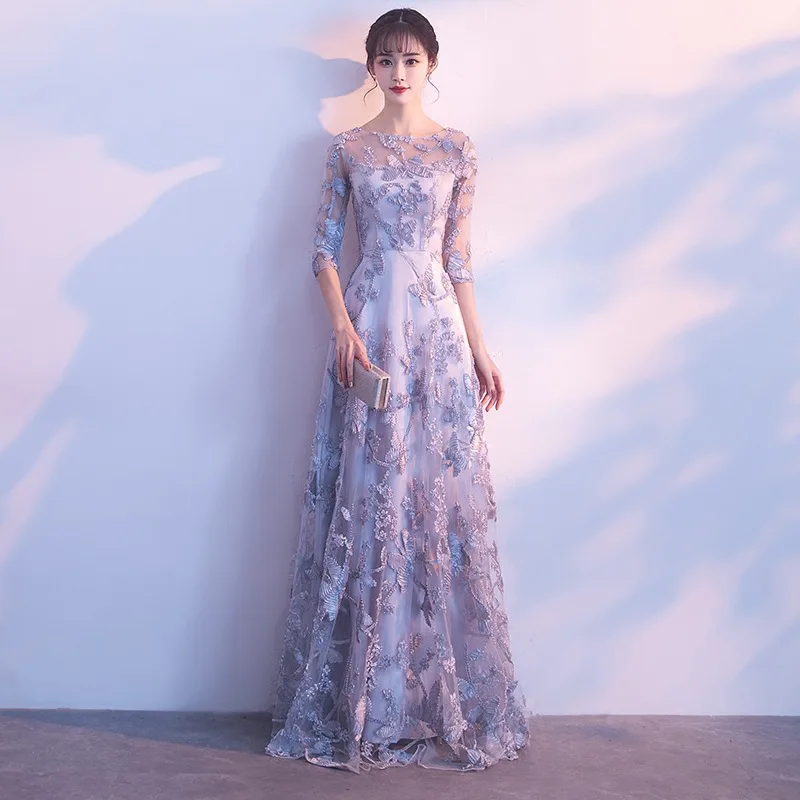New arrival Women Elegant Evening Dresses Round Collar Printing Tulle Short Sleeve Grey Casual Party Evening Dress ES1221