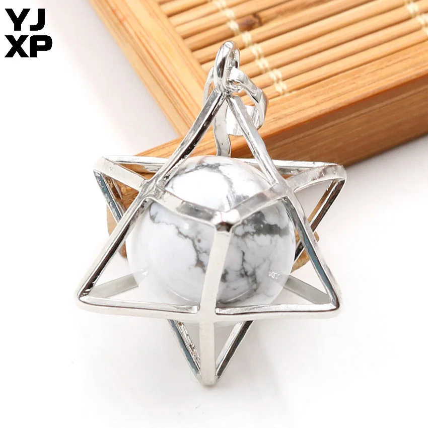 White Howlite 1 шт. Energy Merkaba кулон из натурального камня аметисты Розовый Кварц Круглые бусины рейки колье с целебным кулоном подвесные шармы Ювелирные украшения подарок - Окраска металла: White Howlite