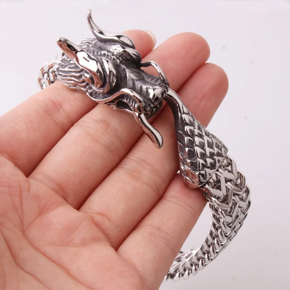

12mmTop Design Stainless Steel Silver Color Punk Dragon Clasp Rock Figaro Chain Biker Jewelry Men's Bracelet Bangle 9" Xmas Gift