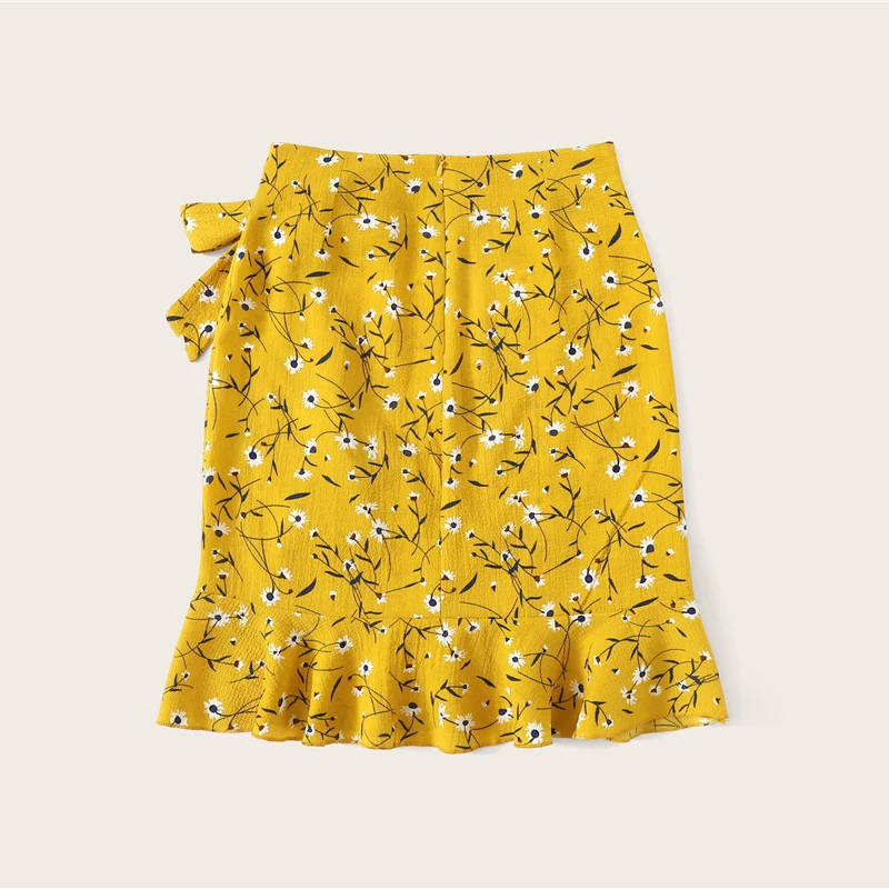 Dotfashion Женская облегающая юбка с цветочным принтом и рюшами на подоле, с бантом,, Boho, летние повседневные женские юные модные асимметричные юбки