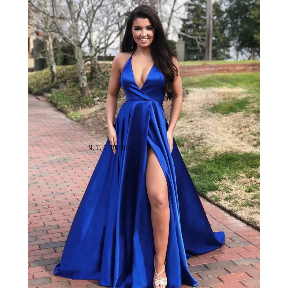 

Sexy Royal Blue Long Prom Dresses High Split Backless A Line Floor Length Charming Formal Occasion Women Dress Cheap 2019 New