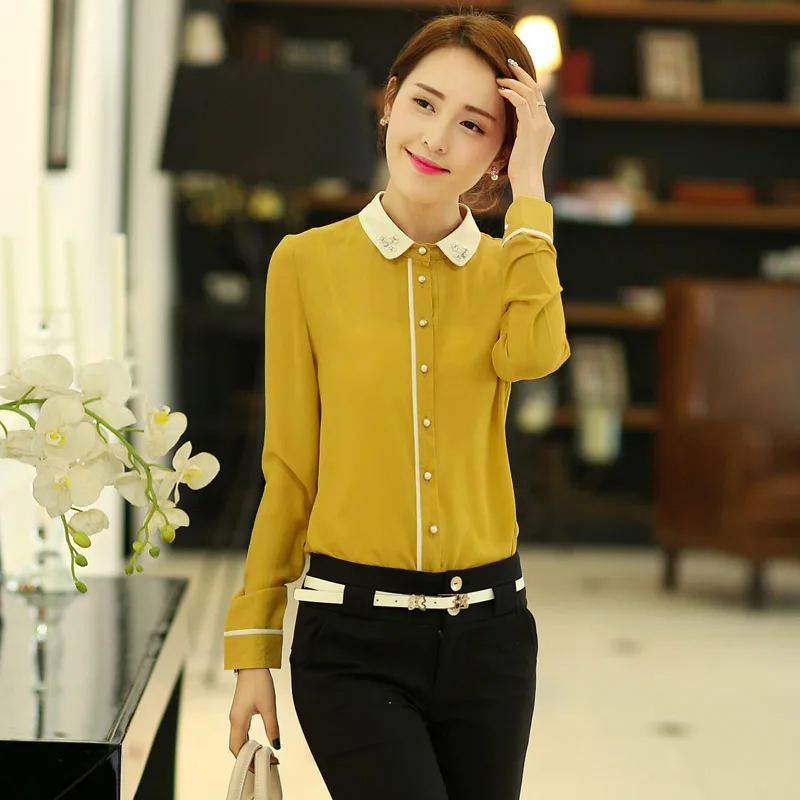 Новый 2015 осенью мода женщины твердые блузки горячая распродажа с длинным рукавом