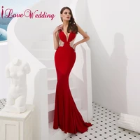 new arrival robe de soiree longue sexy v neck crystal beaded sheer back red luxury formal long prom dress