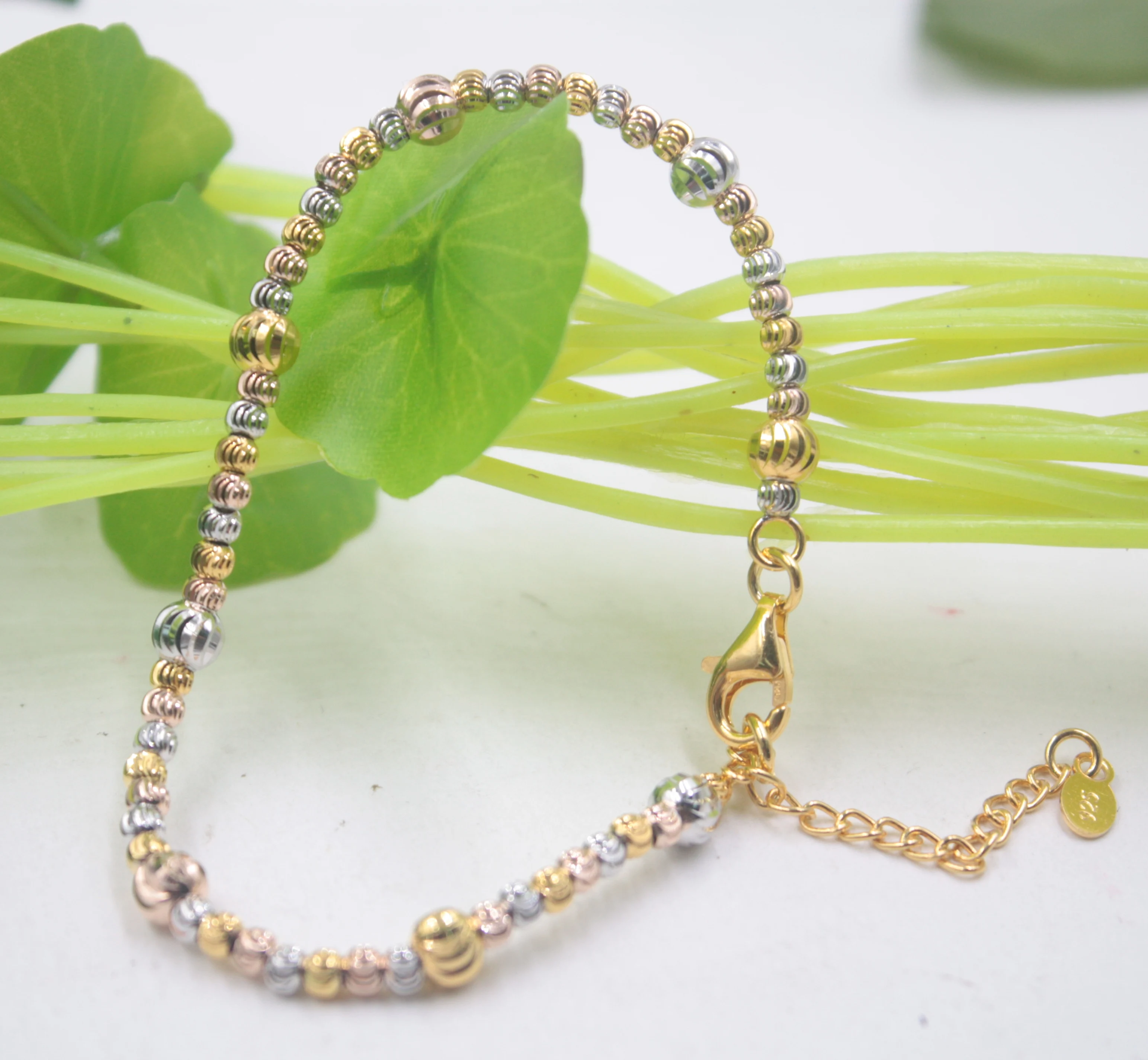 

S925 Sterling Silver Bracelet Women's Carved Color Beads 7.48inchL Luck Link 5mm