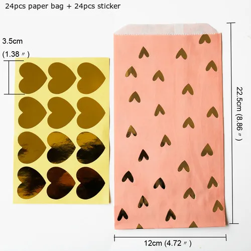 Style2-24sets Золотые Бронзовые бумажные сумки для свадебной вечеринки, подарочные сумки, маленькие подарочные мешки, бумажные конверты, сумки с сердечками, золотистые наклейки - Цвет: Style2-24sets
