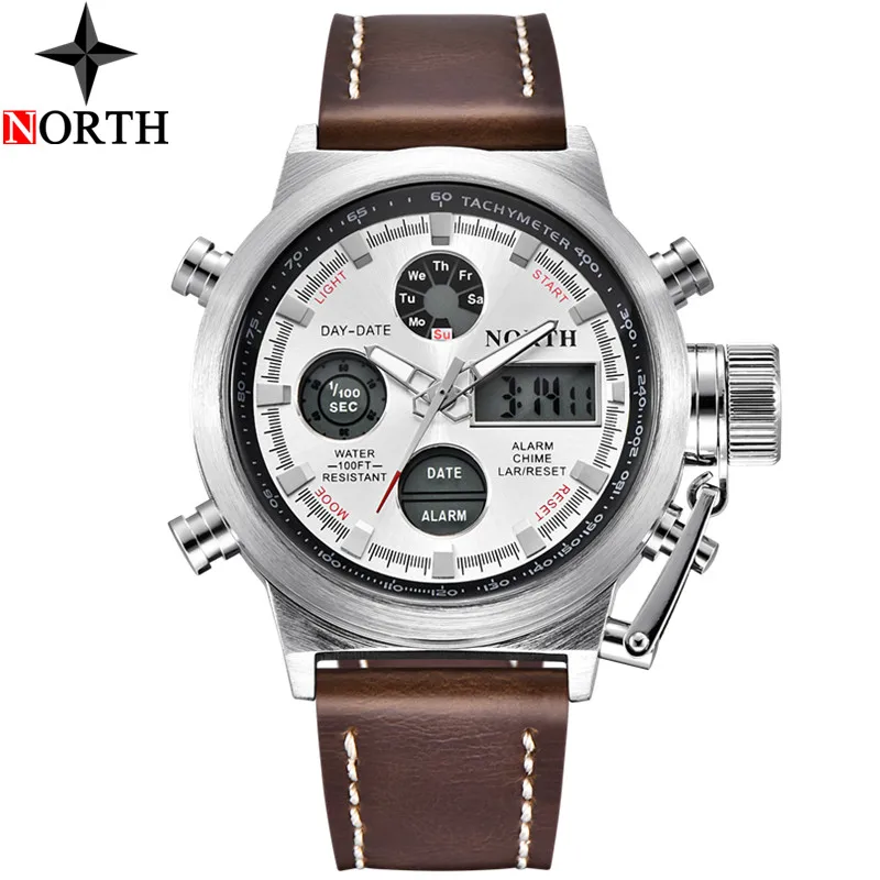 NORTH Top Luxury Brand Digital Watch Men Fashion Casual Sport Military Watches Men's Waterproof Leather Quartz Relogio | Наручные