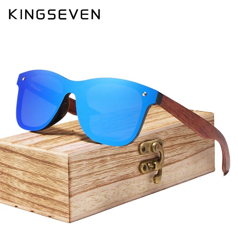 KINGSEVEN, поляризационные мужские солнцезащитные очки с деревянной оправой, квадратная оправа, солнцезащитные очки для женщин, мужские солнцезащитные очки Oculos de sol Masculino - Цвет линз: Blue Bubinga Wood