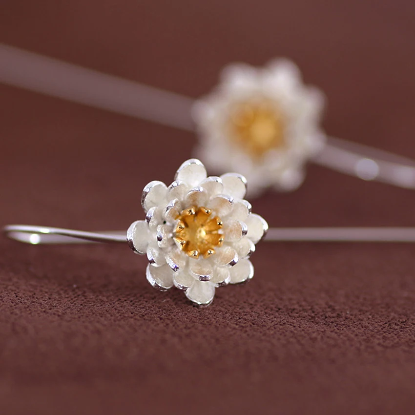Daisies boucles d'oreilles argent Pure 925 Sterling Silver Golden Lotus Flower Earrings For Women Jewelry Pendientes Brincos