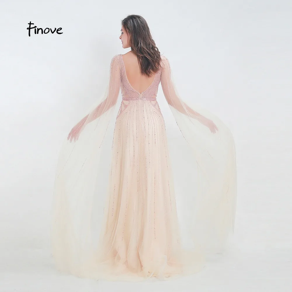Finove Evening Dress 2020 Long Champagne Fully Beaded Sleeves Tulle Elegant O Neck Formal Party Woman Robe de soiree | Свадьбы и