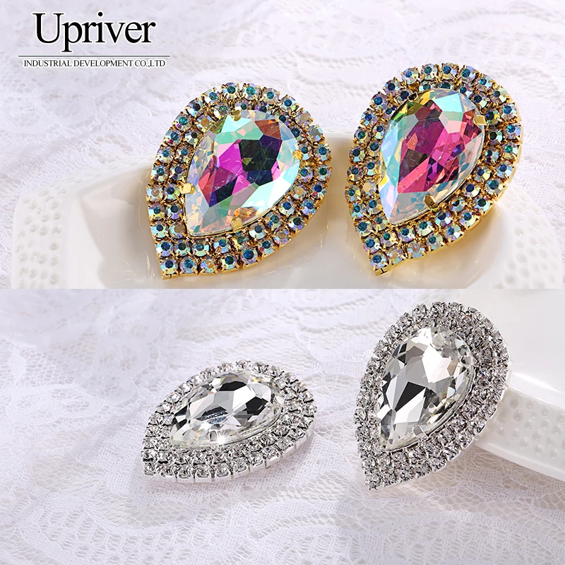 

Upriver 1pcs 3.5x4.6cm Teardrop Shape High Quality Sewing On Rhinestone Silver Base Crystal Clear Color DIY Wedding Evening