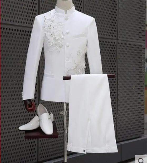 white set Китайская туника, костюм размера плюс, белый набор, большие камни, серебряные блестки, цветок, вышитые, тонкая куртка, брюки, для мужчин, певица, шоу, одежда для сцены - Цвет: white set