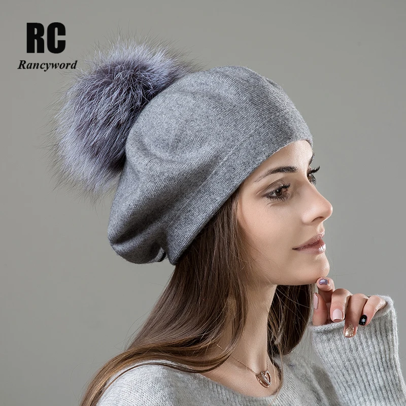 [Rancyword] Women Beret Wool Hat Knitted Wool Berets Real Fur Pompom Beret Cap Top Quality Women Winter Hats Beanies RC2047