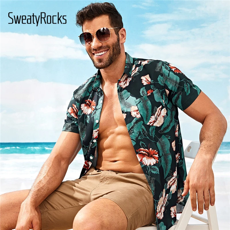 SweatyRocks Мужская тропическая и цветочная рубашка с принтом праздничный короткий рукав Бохо майки Летние повседневные рубашки на пуговицах