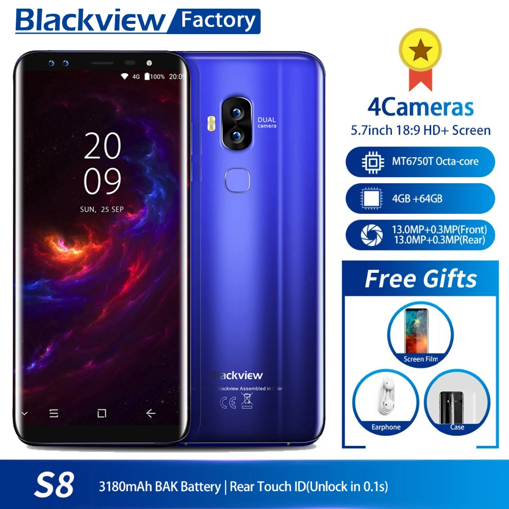 Смартфон Blackview S8 отпечатков пальцев OTG 5 7 ''HD + 18:9 экран 4 Гб 64 четыре камеры