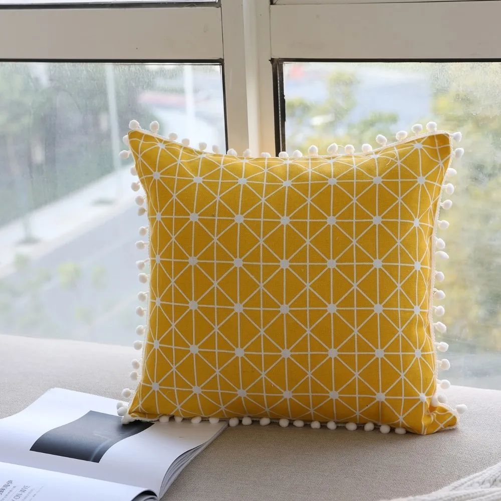 Yellow Plaid Современный чехол для подушки с кисточками и помпонами, однотонный полосатый геометрический чехол для подушки, модный универсальный чехол для подушки - Цвет: Yellow Plaid