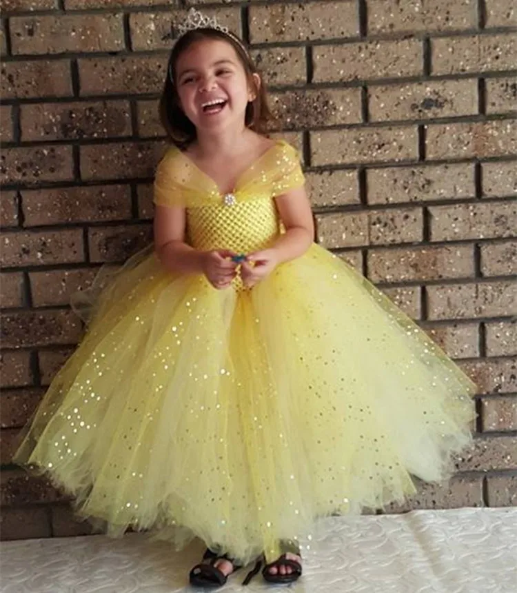 Пышное Бальное Платье принцессы Золушки для выпускного бала; блестящее платье для дня рождения для девочек; нарядное платье для девочек; карнавальный костюм Белль на заказ для детей