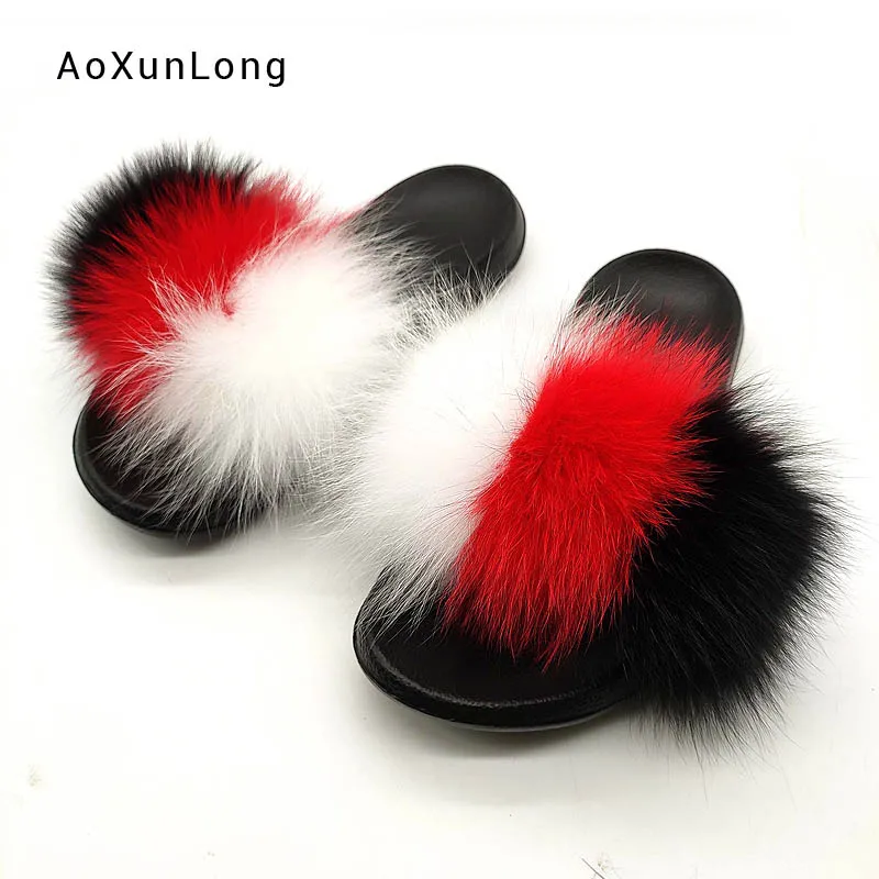 Летние шлепанцы из лисьего меха женские пушистые Шлепанцы натурального домашние