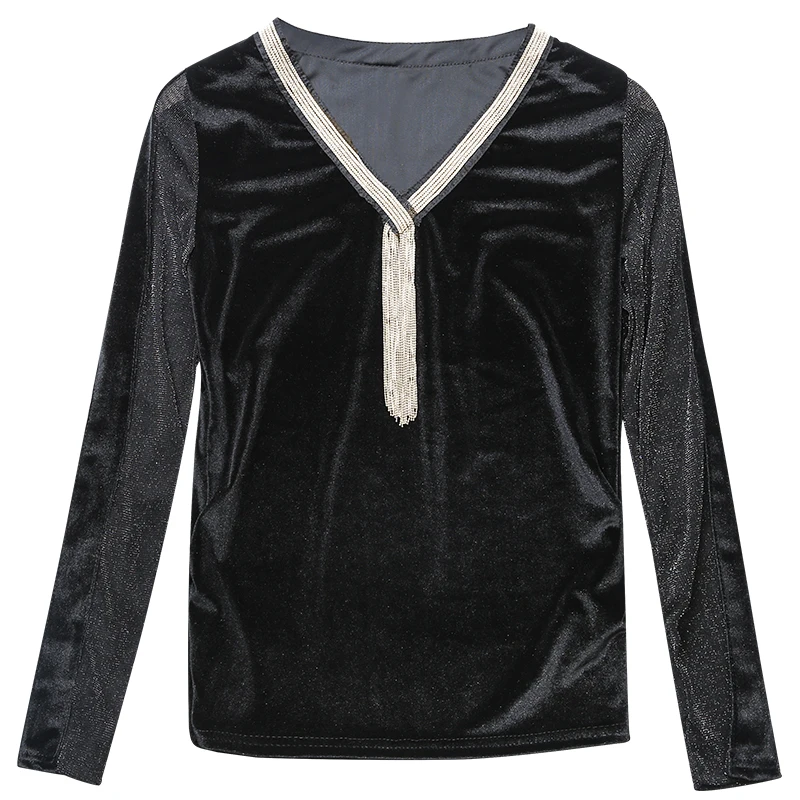 Женская велюровая футболка с длинным рукавом и v-образным вырезом стрейчевая
