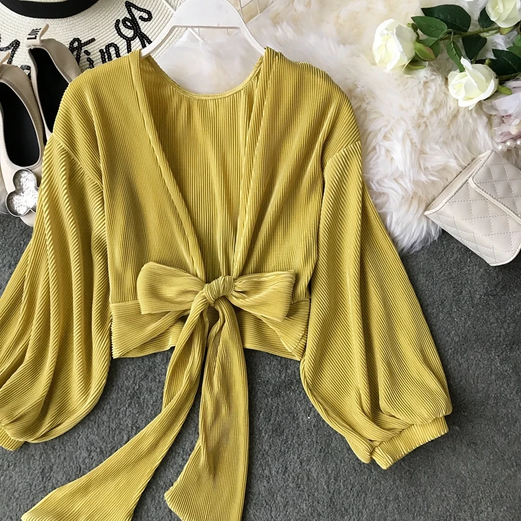 ALPHALMODA, весна-лето, плиссированные шифоновые блузки с v-образным вырезом, галстук-бабочка, пояс, рукав-фонарик, Женская однотонная модная одежда