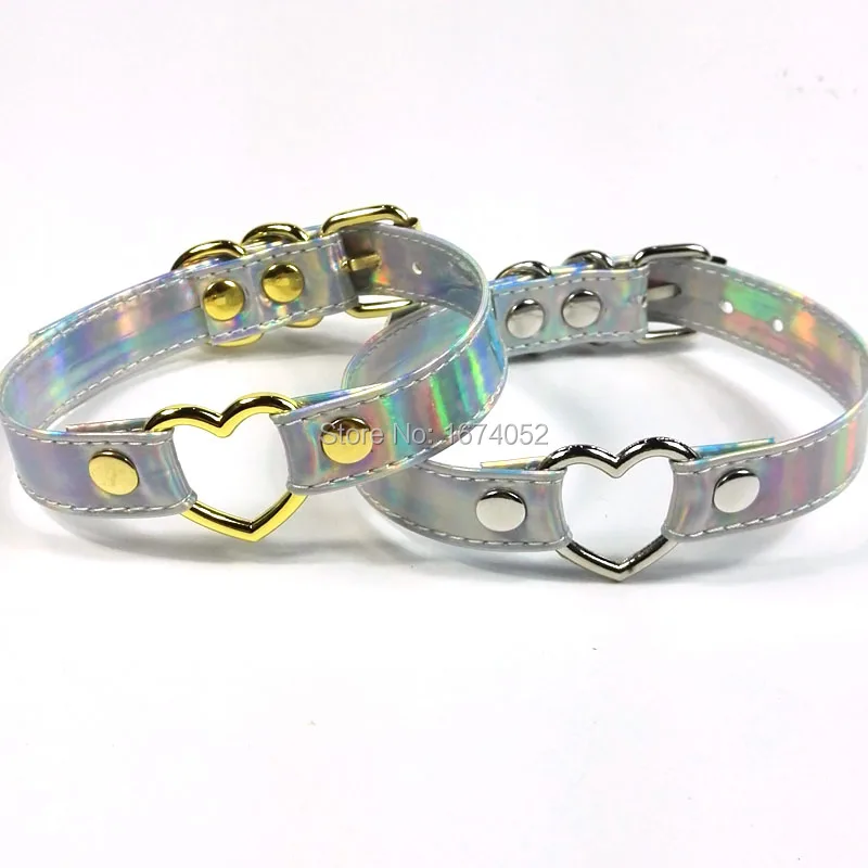 Чокер ручной работы с голографическим сердцем милое золотистое металлическое