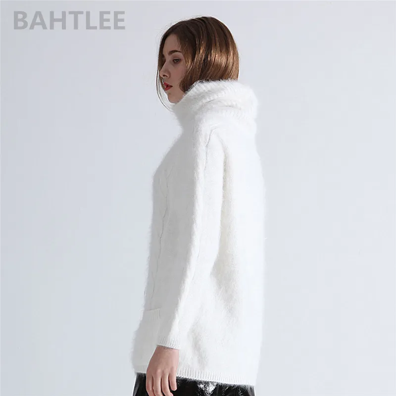 BAHTLEE Winter Women Angora Pullovers Jumper Sweater Turtleneck Mink Cashmere Knitting Pockets Long Sleeves Keep Warm Loosefir | Женская