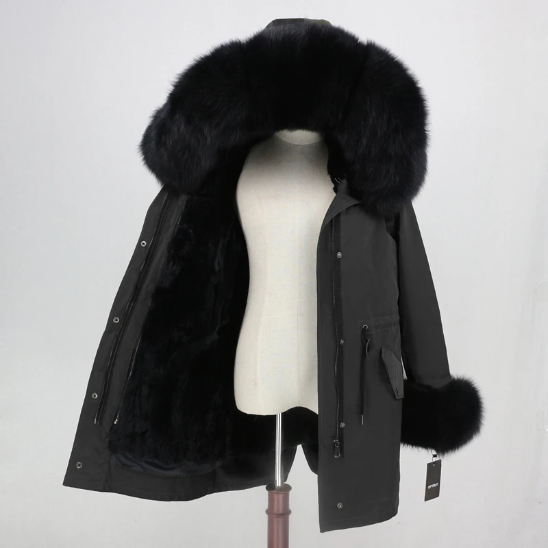 full black OFTBUY, зимняя куртка для женщин, натуральный мех, пальто, водонепроницаемая парка, натуральный Лисий мех, воротник, манжеты, мех кролика, подкладка, верхняя одежда, съемная, Новинка - Цвет: full black