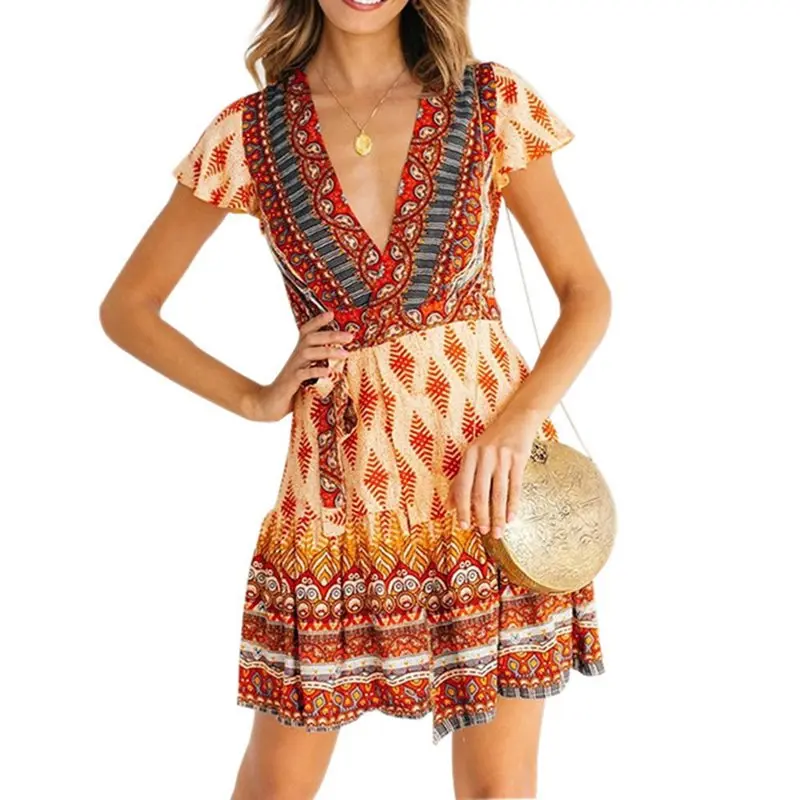 Летние Пикантные мини пляжное платье для женщин модный принт рюшами Boho Глубокий V