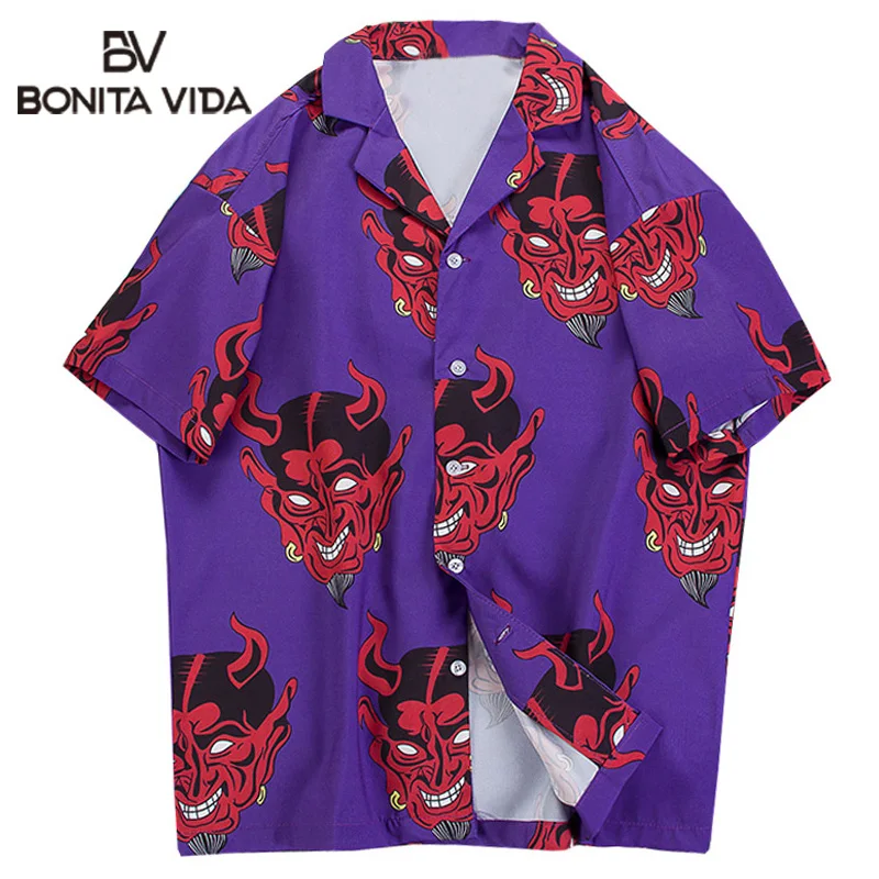 Bonita Vida дьявол Печатных хип-хоп футболки Для мужчин Лето Harajuku японский укие E короткий рукав Гавайские рубашки уличная