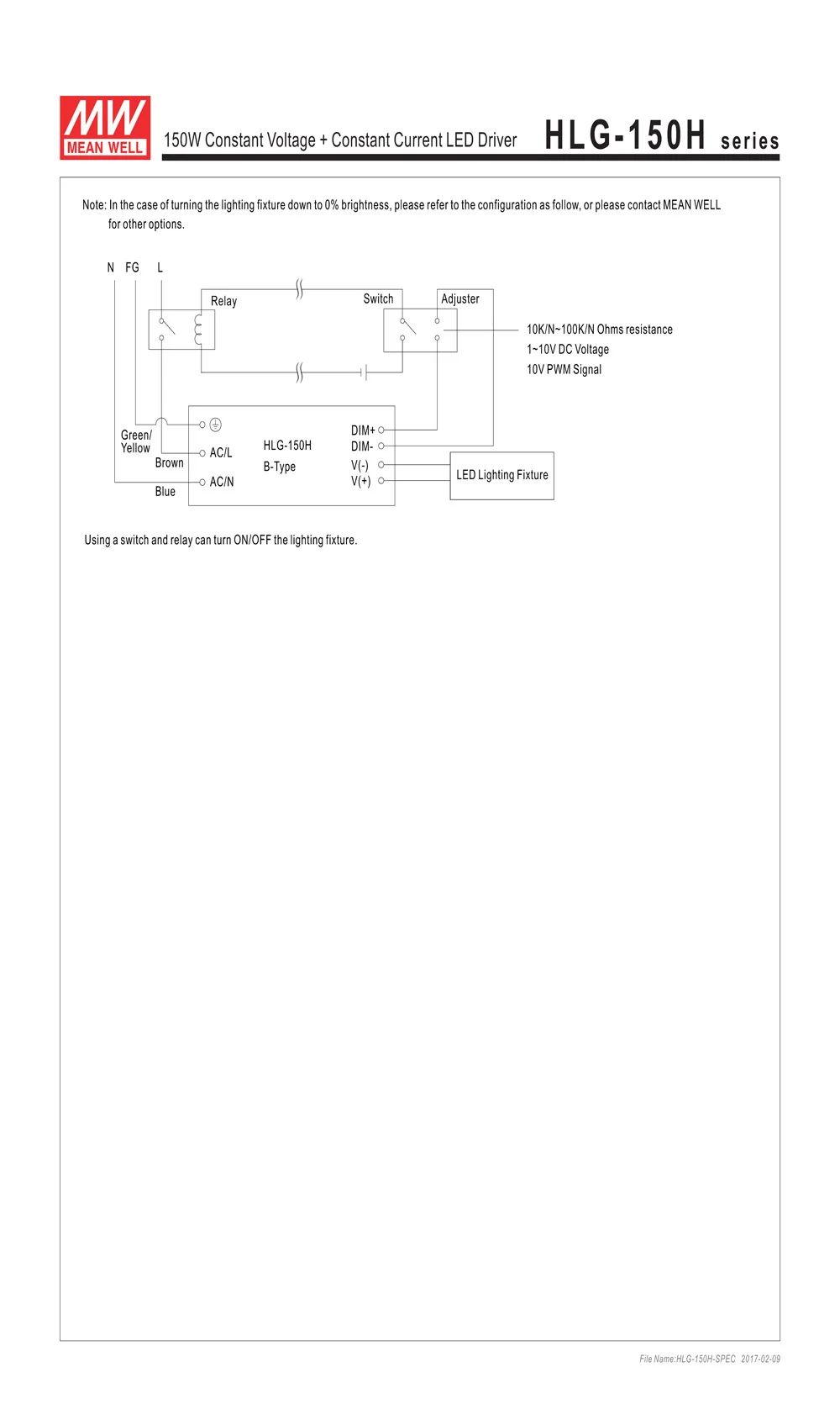 Бренд MEAN WELL представляет питания 36V HLG-150H-36A 150W 4.2A е-байка 36В Светодиодный источник питания регулируемый светодиодный драйвер