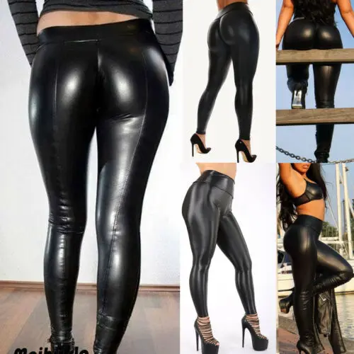 Женские черные кожаные мото-леггинсы с высокой талией из искусственной кожи, Клубная одежда, облегающие штаны с эффектом пуш-ап, Длинные женские сексуальные обтягивающие леггинсы