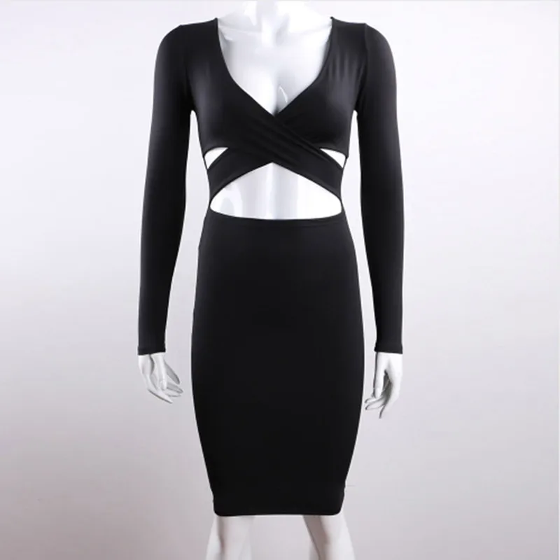 

Low-Cut Women Dress Long Sleeve Lace-up Bandage Club Party Dress Vestido Ladies Sexy Pencil Dresses Deep V-neck Sexy Women Dress