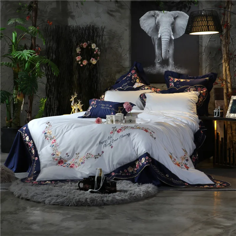 High-end Luxury Pastoral Flowers Embroidery 100S/800TC Blue 4/7pcs Egyptian cotton Bedding Set Duvet Cover Bed sheet Pillowcase | Дом и сад