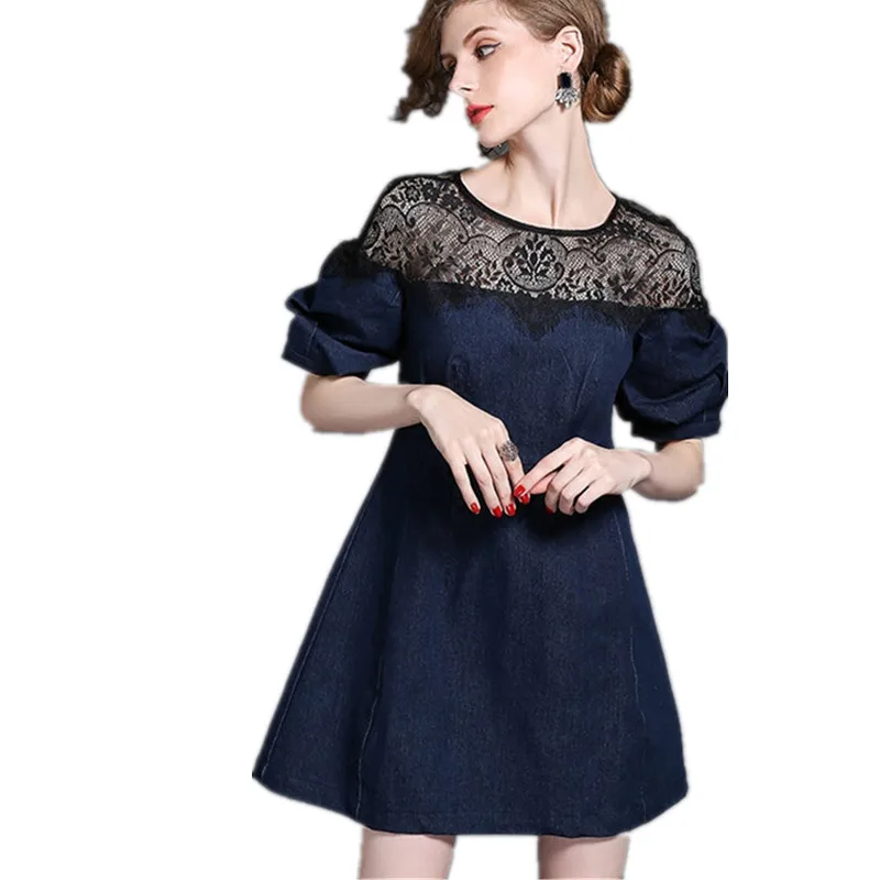 Женщины Лето Dress 2017 Новая Мода Кружева Лоскутное Фонарь Рукав кружева Линия O Шеи