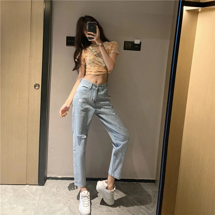RUGOD Women blue denim pants hole diamond slim high wide leg pants new fashion female jeans femme ripped plus size glitter