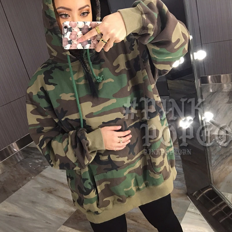Осенняя камуфляжная теплая толстовка с капюшоном женская длинным рукавом Femme Army