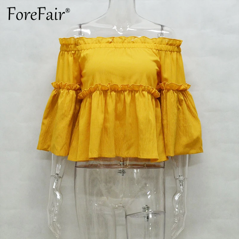 Forefair модная желтая Блузка с оборками для женщин 2017 вырезом лодочкой открытыми